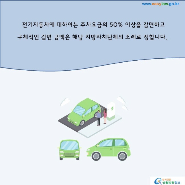 전기자동차에 대하여는 주차요금의 50% 이상을 감면하고 구체적인 감면 금액은 해당 지방자치단체의 조례로 정합니다.