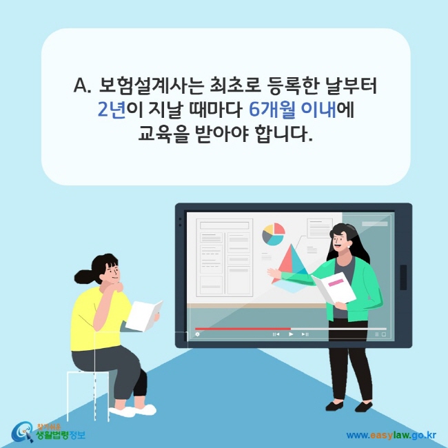 www.easylaw.go.kr A. 보험설계사는 최초로 등록한 날부터 2년이 지날 때마다 6개월 이내에 교육을 받아야 합니다.