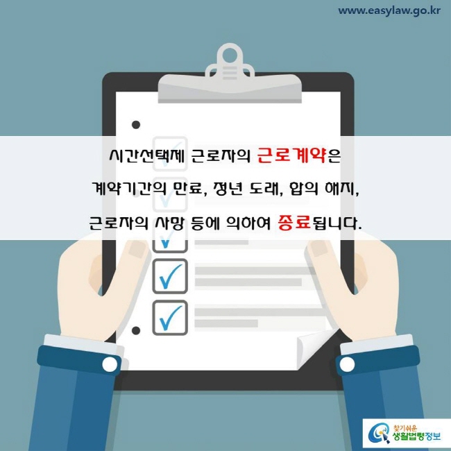 
시간선택제 근로자의 근로관계는 통상근로자의 근로관계와 마찬가지로 계약기간의 만료, 정년 도래, 합의해지, 근로자의 사망 등에 의해 종료됩니다. 
