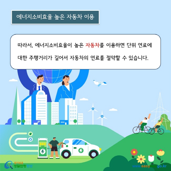 따라서, 에너지소비효율이 높은 자동차를 이용하면 단위 연료에  대한 주행거리가 길어서 자동차의 연료를 절약할 수 있습니다.