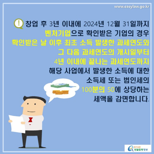 창업 후 3년 이내에 2024년 12월 31일까지 벤처기업으로 확인받은 기업의 경우 확인받은 날 이후 최초 소득 발생한 과세연도와 그 다음 과세연도의 개시일부터 4년 이내에 끝나는 과세연도까지 해당 사업에서 발생한 소득에 대한 소득세 또는 법인세의 100분의 50에 상당하는 세액을 감면합니다.