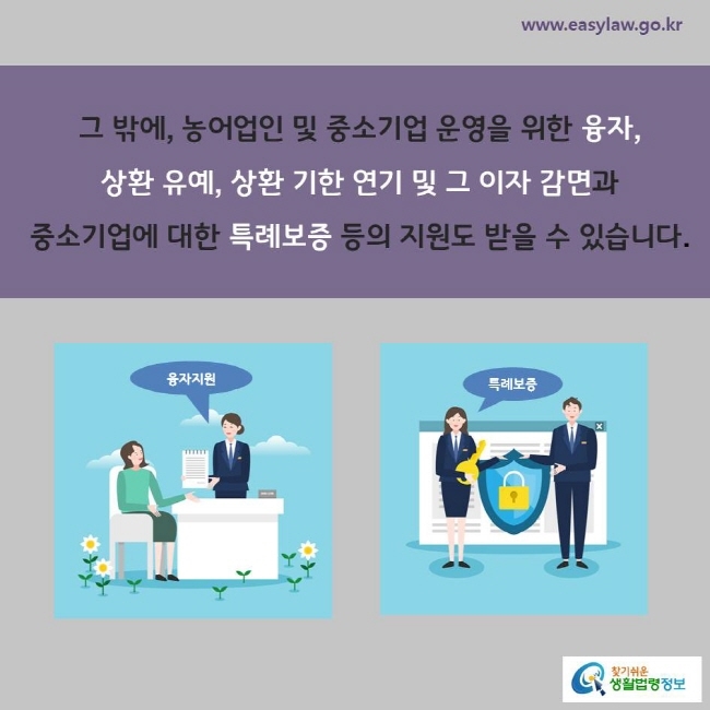 그 밖에, 농어업인 및 중소기업 운영을 위한 융자,상환 유예, 상환 기한 연기 및 그 이자 감면과중소기업에 대한 특례보증 등의 지원도 받을 수 있습니다.