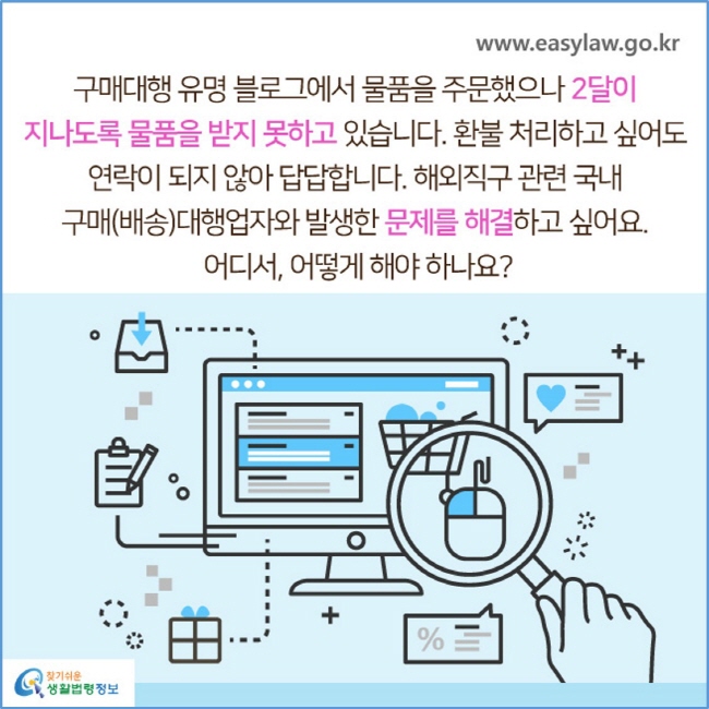 구매대행 유명 블로그에서 물품을 주문했으나 2달이 지나도록 물품을 받지 못하고 있습니다. 환불 처리하고 싶어도 연락이 되지 않아 답답합니다. 해외직구 관련 국내구매(배송)대행업자와 발생한 문제를 해결하고 싶어요. 어디서, 어떻게 해야 하나요?