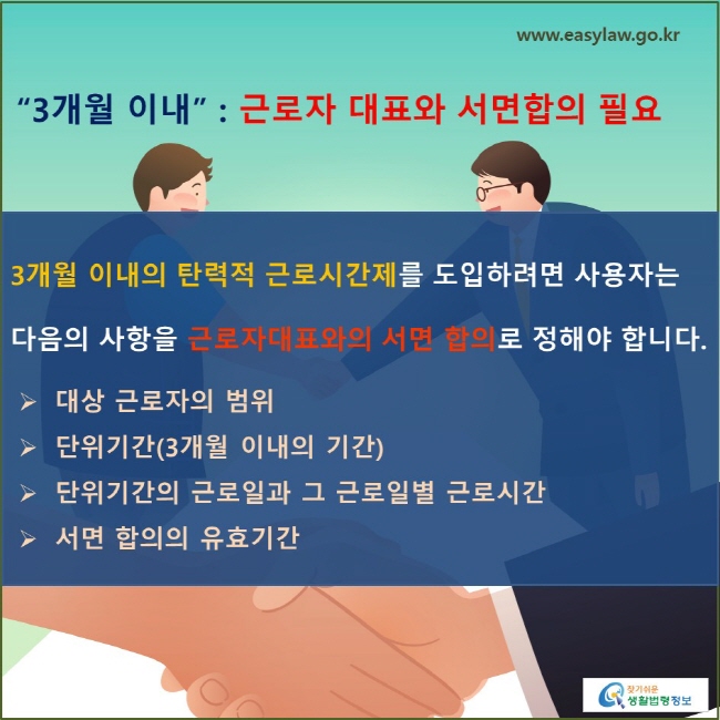 '3개월 이내' : 근로자 대표와 서면합의 필요 3개월 이내의 탄력적 근로시간제를 도입하려면 사용자는 다음의 사항을 근로자대표와의 서면 합의로 정해야 합니다. 대상 근로자의 범위, 단위기간(3개월 이내의 기간), 단위기간의 근로일과 그 근로일별 근로시간, 서면 합의의 유효기간