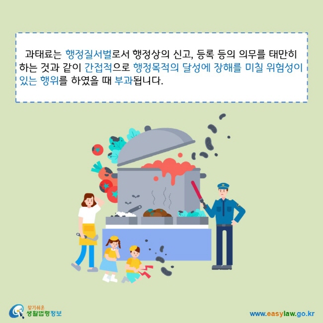 과태료는 행정질서벌로서 행정상의 신고, 등록 등의 의무를 태만히 하는 것과 같이 간접적으로 행정목적의 달성에 장해를 미칠 위험성이 있는 행위를 하였을 때 부과됩니다.
찾기쉬운 생활법령정보 로고 
www.easylaw.go.kr