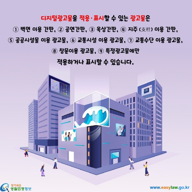 디지털광고물을 적용·표시할 수 있는 광고물은 ① 벽면 이용 간판, ② 공연간판, ③ 옥상간판, ④ 지주 (支柱) 이용 간판,  ⑤ 공공시설물 이용 광고물, ⑥ 교통시설 이용 광고물, ⑦ 교통수단 이용 광고물, ⑧ 창문이용 광고물, ⑨ 특정광고물에만  적용하거나 표시할 수 있습니다.