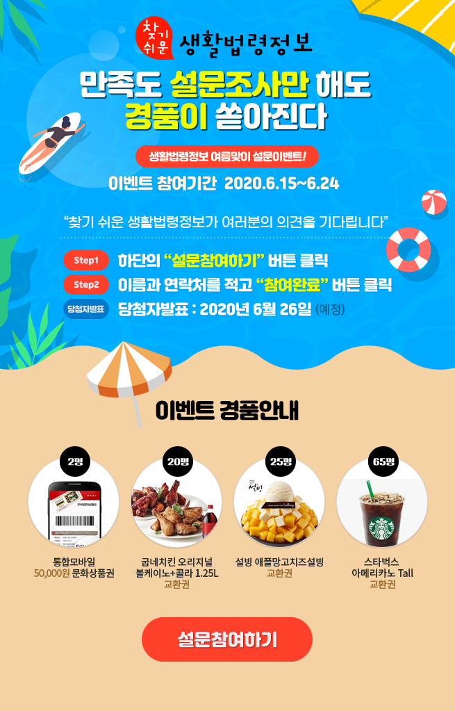 2020년 상반기 생활법령 만족도 설문조사 찾기 쉬운 생활법령정보 만족도 설문조사만 해도 경품이 쏟아진다!찾기 쉬운 생활법령정보가 여러분의 의견을 기다립니다.Step1. 하단의 설문 참여하기 버튼 클릭Step2. 성함과 연락처 기입 후 참여완료 버튼 클릭이벤트 기간 : 2020년 6월 15일~6월 24일당첨자 발표 : 2020년 6월 26일(예정)경품안내: 통합 모바일 문화상품권 50,000원 2명, 굽네치킨 오리지널/볼케이노+콜라1.25L 20명, 설빙 애플망고치즈설빙 25명, 스타벅스 아메리카노 tall 65설문 참여하기