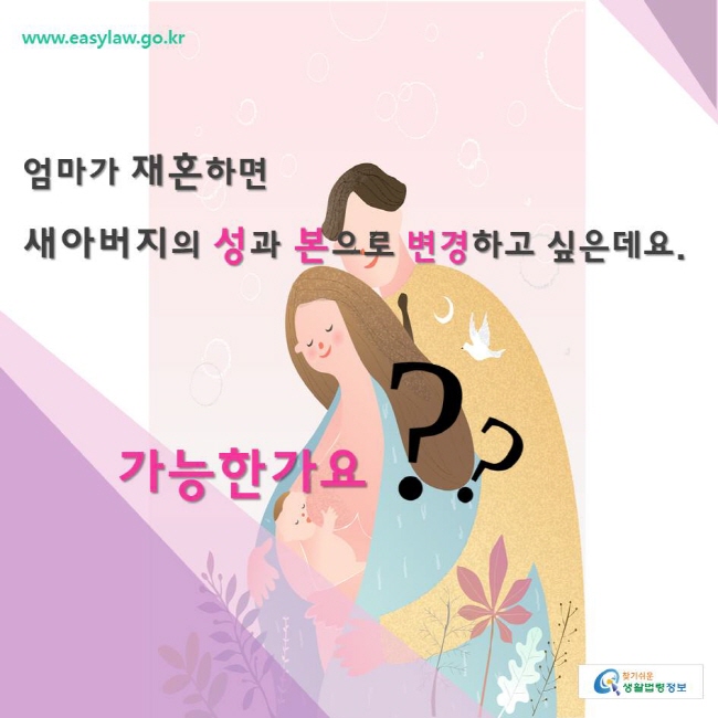 찾기쉬운생활법령정보 www.easylaw.go.kr 
엄마가 재혼하면  새아버지의 성과 본으로 변경하고 싶은데요. 가능한가요 