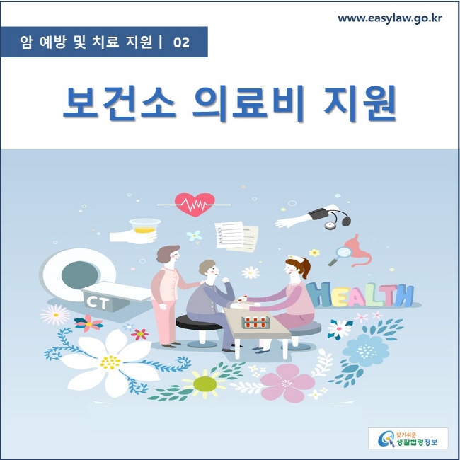 암 예방 및 치료 지원  ㅣ  02 보건소 의료비 지원 www.easylaw.go.kr 찾기 쉬운 생활법령정보 로고
