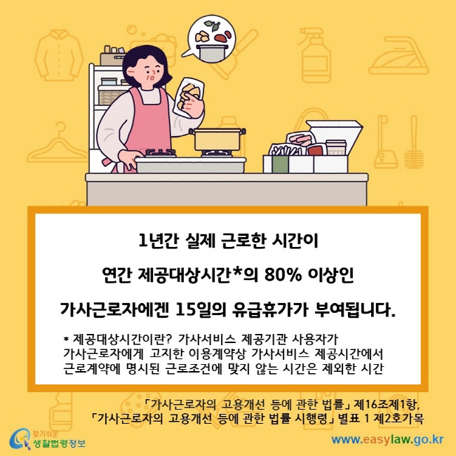 1년간 실제 근로한 시간이 연간 제공대상시간*의 80% 이상인 가사근로자에겐 15일의 유급휴가가 부여됩니다. * 제공대상시간이란? 가사서비스 제공기관 사용자가 가사근로자에게 고지한 이용계약상 가사서비스 제공시간에서 근로계약에 명시된 근로조건에 맞지 않는 시간은 제외한 시간 「가사근로자의 고용개선 등에 관한 법률」 제16조제1항, 「가사근로자의 고용개선 등에 관한 법률 시행령」 별표 1 제2호가목