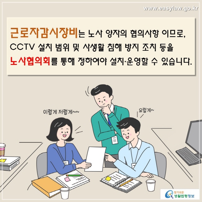 근로자감시장비는 노사 양자의 협의사항 이므로, CCTV 설치 범위 및 사생활 침해 방지 조치 등을 노사협의회를 통해 정하여야 설치·운영할 수 있습니다.