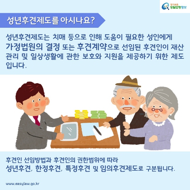 성년후견제도를 아시나요? 성년후견제도는 치매 등으로 인해 도움이 필요한 성인에게 가정법원의 결정 또는 후견계약으로 선임된 후견인이 재산관리 및 일상생활에 관한 보호와 지원을 제공하기 위한 제도입니다. 후견인 선임방법과 후견인의 권한범위에 따라 성년후견, 한정후견, 특정후견 및 임의후견제도로 구분됩니다.