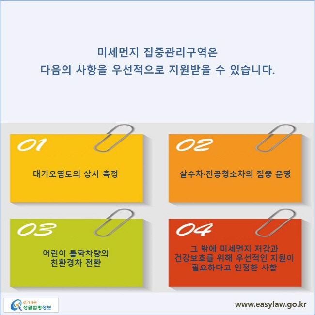 미세먼지 집중관리구역은 다음의 사항을 우선적으로 지원받을 수 있습니다.대기오염도의 상시측정
살수차·진공청소차의 집중 운영
어린이 통학차량의 친환경차 전환
그 밖에 미세먼지 저감과 건강보호를 위해 우선적인 지원이 필요하다고 인정한 사항
