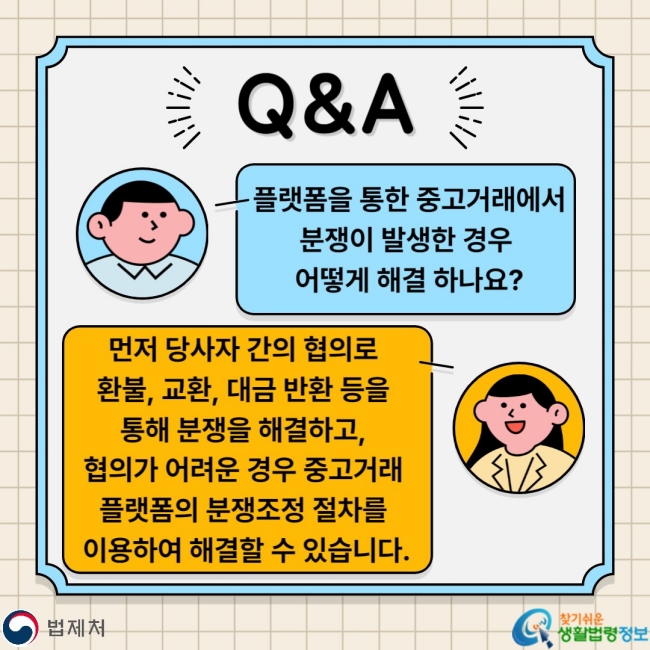 Q&A Q. 플랫폼을 통한 중고거래에서 분쟁이 발생한 경우 어떻게 해결 하나요? A. 먼저 당사자 간의 협의로 환불, 교환, 대금 반환 등을 통해 분쟁을 해결하고, 협의가 어려운 경우 중고거래 플랫폼의 분쟁조정 절차를 이용하여 해결할 수 있습니다.