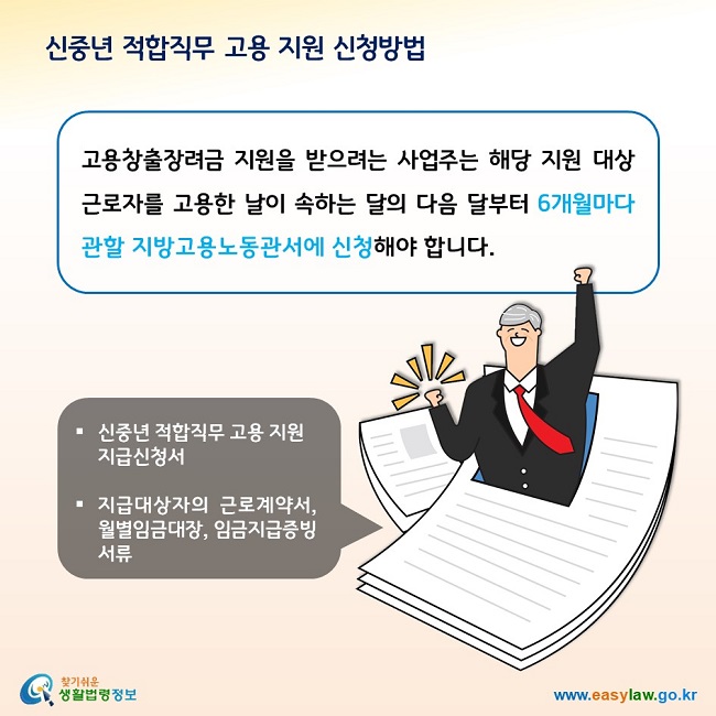 신중년 적합직무 고용 지원 신청방법 고용창출장려금 지원을 받으려는 사업주는 해당 지원 대상근로자를 고용한 날이 속하는 달의 다음 달부터 6개월마다 관할 지방고용노동관서에 신청해야 합니다. 신중년 적합직무 고용 지원 지급신청서 지급대상자의 근로계약서, 월별임금대장, 임금지급증빙서류