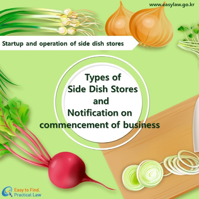 Startup and operation of side dish stores
Types of Side Dish Stores and Notification on commencement of business

www.easylaw.go.kr / Easy to Find, Practical Law Logo
www.easylaw.go.kr Easy to find, Practical law