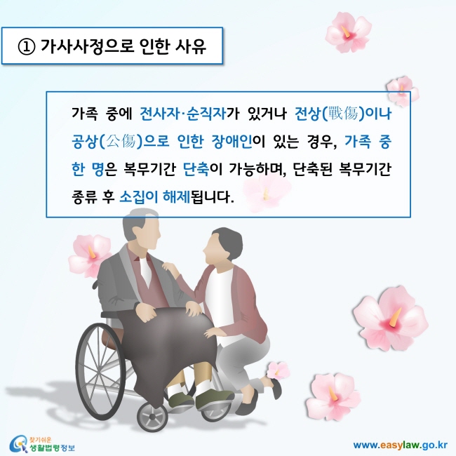 가족 중에 전사자·순직자가 있거나 전상(戰傷)이나 공상(公傷)으로 인한 장애인이 있는 경우, 가족 중 한 명은 복무기간 단축이 가능하며, 단축된 복무기간 종류 후 소집이 해제됩니다.