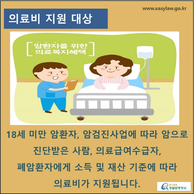 의료비 지원 대상: 18세 미만 암환자, 암검진사업에 따라 암으로 진단받은 사람, 의료급여수급자, 폐암환자에게 소득 및 재산 기준에 따라 의료비가 지원됩니다.

