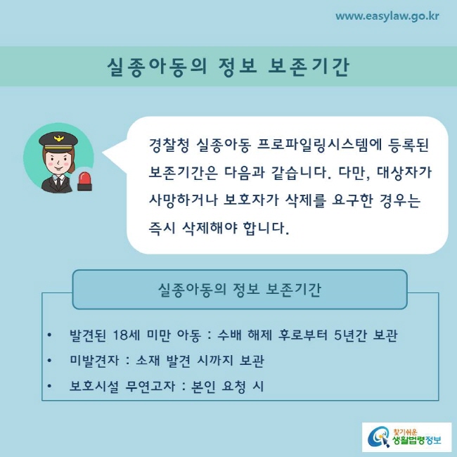 경찰청 실종아동 프로파일링시스템에 등록된 보존기간은 다음과 같습니다. 다만, 대상자가 사망하거나 보호자가 삭제를 요구한 경우는 즉시 삭제해야 합니다.


실종아동의 정보 보존기간

발견된 18세 미만 아동 : 수배 해제 후로부터 5년간 보관
 미발견자 : 소재 발견시까지 보관
 보호시설 무연고자 : 본인 요청 시
