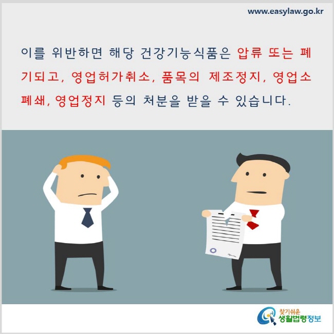 
이를 위반하면 해당 건강기능식품은 압류 또는 폐기되고, 영업허가취소, 품목의 제조정지, 영업소 폐쇄, 영업정지 등의 처분을 받을 수 있습니다. www.easylaw.go.kr 찾기 쉬운 생활법령정보 로고