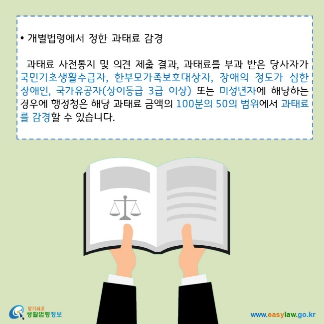 • 개별법령에서 정한 과태료 감경
과태료 사전통지 및 의견 제출 결과, 과태료를 부과 받은 당사자가 국민기초생활수급자, 한부모가족보호대상자, 장애의 정도가 심한 장애인, 국가유공자(상이등급 3급 이상) 또는 미성년자에 해당하는 경우에 행정청은 해당 과태료 금액의 100분의 50의 범위에서 과태료를 감경할 수 있습니다.
찾기쉬운 생활법령정보 로고 
www.easylaw.go.kr