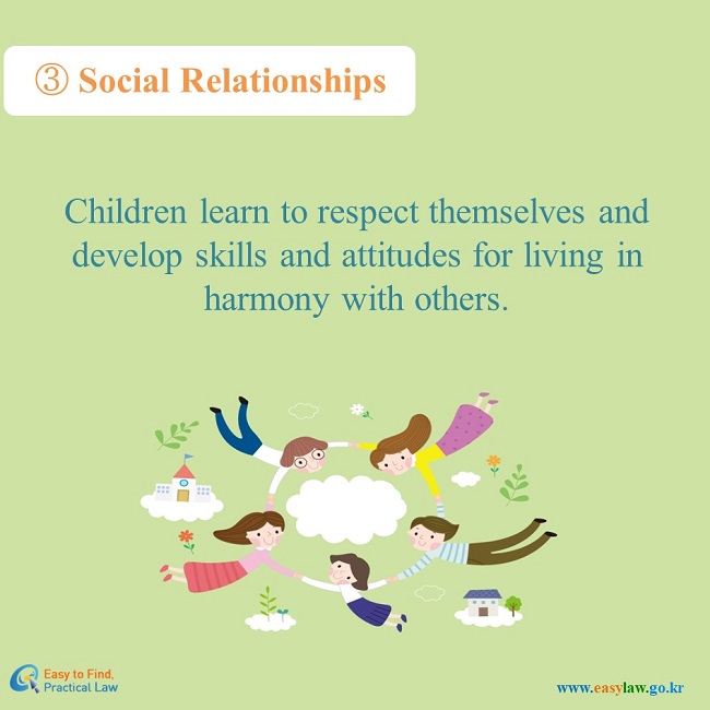 3. Social Relationships: Children learn to respect themselves and develop skills and attitudes for living in harmony with others.