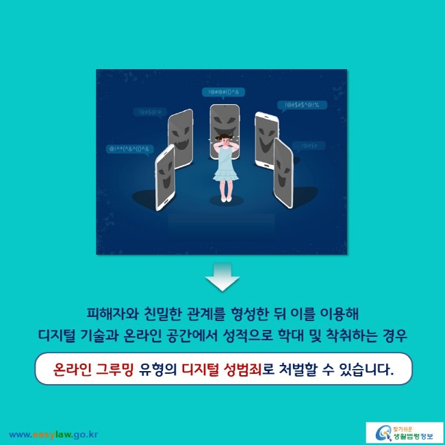 → 피해자와 친밀한 관계를 형성한 뒤 이를 이용해 디지털 기술과 온라인 공간에서 성적으로 학대 및 착취하는 경우 온라인 그루밍 유형의 디지털 성범죄로 처벌할 수 있습니다. 