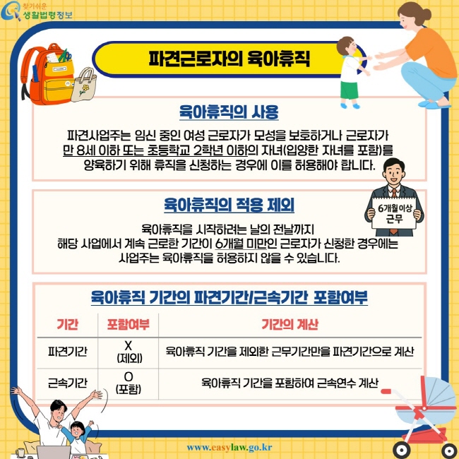 파견근로자의 육아휴직. 육아휴직의 사용 - 파견사업주는 임신 중인 여성 근로자가 모성을 보호하거나 근로자가 만 8세 이하 또는 초등학교 2학년 이하의 자녀(입양한 자녀를 포함)를 양육하기 위해 휴직을 신청하는 경우에 이를 허용해야 합니다. 육아휴직의 적용 제외 - 육아휴직을 시작하려는 날의 전날까지 해당 사업에서 계속 근로한 기간이 6개월 미만인 근로자가 신청한 경우에는 사업주는 육아휴직을 허용하지 않을 수 있습니다. 육아휴직 기간의 파견기간/근속기간 포함여부. 육아휴직 기간을 제외한 근무기간만을 파견기간으로 계산. 육아휴직 기간을 포함하여 근속연수 계산.