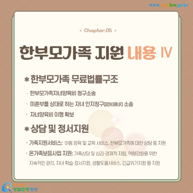 * 한부모가족 무료법률구조  ㆍ 한부모가족자녀양육비 청구소송 ㆍ 미혼부를 상대로 하는 자녀 인지청구(認知請求) 소송 ㆍ 자녀양육비 이행 확보  * 상담 및 정서지원 ㆍ가족지원서비스:  아동 양육 및 교육 서비스, 한부모가족에 대한 상담 등 지원 ㆍ온가족보듬사업 지원: 가족상담 및 심리·경제적 자립, 역량강화를 위한 지속적인 관리, 자녀 학습·정서지원, 생활도움서비스, 긴급위기지원 등 지원