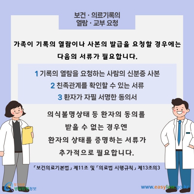 보건ㆍ의료기록의 열람 ㆍ교부 요청, 가족이 기록의 열람이나 사본의 발급을 요청할 경우에는 다음의 서류가 필요합니다. 1 기록의 열람을 요청하는 사람의 신분증 사본 2 친족관계를 확인할 수 있는 서류 3 환자가 자필 서명한 동의서 의식불명상태 등 환자의 동의를 받을 수 없는 경우엔 환자의 상태를 증명하는 서류가 추가적으로 필요합니다. 「보건의료기본법」 제11조 및 「의료법 시행규칙」 제13조의3 