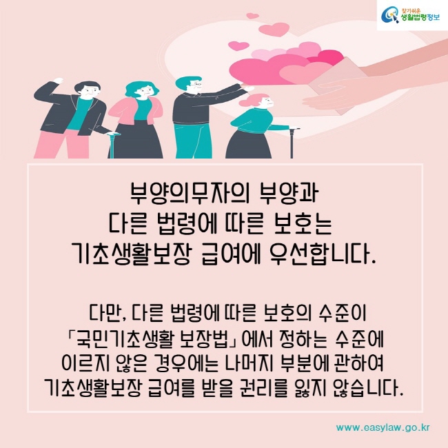 부양의무자의 부양과 다른 법령에 따른 보호는 기초생활보장 급여에 우선합니다. 다만, 다른 법령에 따른 보호의 수준이 「국민기초생활 보장법」 에서 정하는 수준에 이르지 않은 경우에는 나머지 부분에 관하여 기초생활보장 급여를 받을 권리를 잃지 않습니다. 찾기쉬운생활법령정보www.easylaw.go.kr