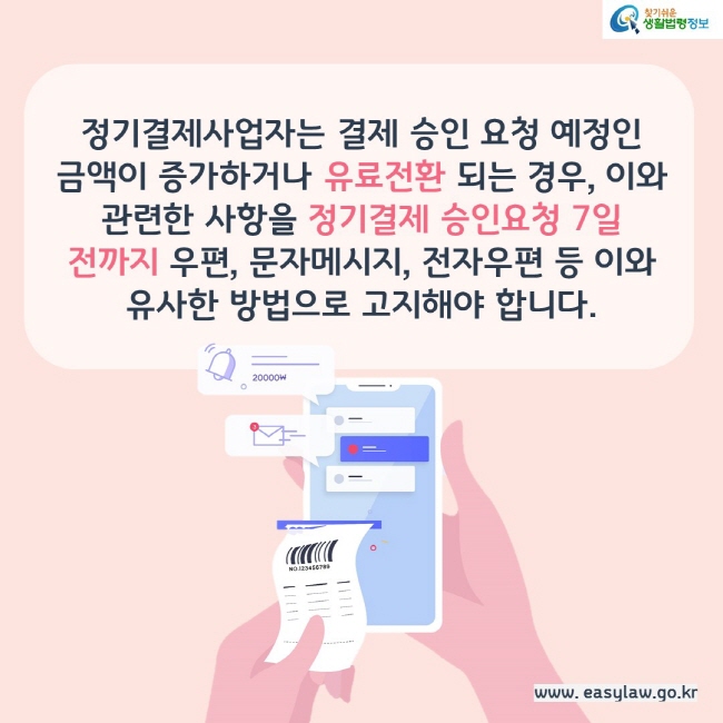 정기결제사업자는 결제 승인 요청 예정인 금액이 증가하거나 유료전환 되는 경우, 이와 관련한 사항을 정기결제 승인요청 7일 전까지 우편, 문자메시지, 전자우편 등 이와 유사한 방법으로 고지해야 합니다.