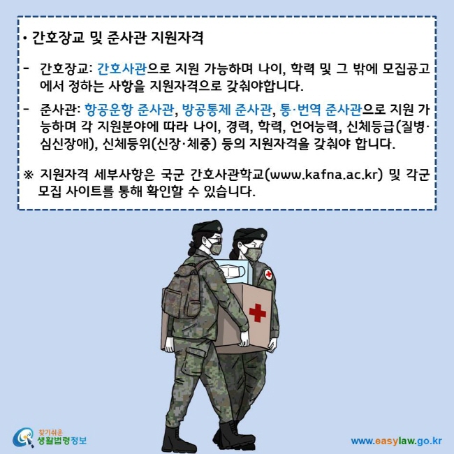 간호장교 및 준사관 지원자격
간호장교: 간호사관으로 지원 가능하며 나이, 학력 및 그 밖에 모집공고에서 정하는 사항을 지원자격으로 갖춰야합니다.
준사관: 항공운항 준사관, 방공통제 준사관, 통·번역 준사관으로 지원 가능하며 각 지원분야에 따라 나이, 경력, 학력, 언어능력, 신체등급(질병·심신장애), 신체등위(신장·체중) 등의 지원자격을 갖춰야 합니다.
※ 지원자격 세부사항은 국군 간호사관학교(www.kafna.ac.kr) 및 각군 모집 사이트를 통해 확인할 수 있습니다.
찾기쉬운 생활법령정보 로고
www.easylaw.go.kr
