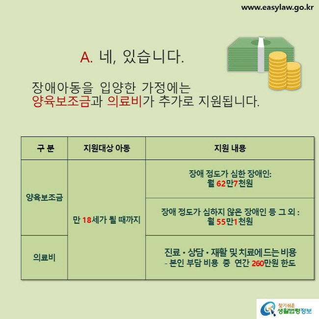 www.easylaw.go.kr A. 네, 있습니다. 장애아동을 입양한 가정에는 양육보조금과 의료비가 추가로 지원됩니다.구분/ 지원대상 아동/ 지원내용양육보조금/ 만 18세가 될 때까지/ 장애 정도가 심한 장애인: 월 62만7천원/장애 정도가 심하지 않은 장애인 등 그 외 :월 55만1천원/의료비/ 만 18세가 될 때까지/진료ㆍ상담ㆍ재활  및 치료에 드는 비용 -  본인 부담 비용  중  연간 260만원 한도