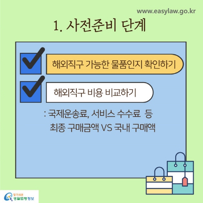 1. 사전준비 단계
√ 해외직구 가능한 물품인지 확인하기
√ 해외직구 비용 비교하기 : 국제운송료, 서비스 수수료 등 최종 구매금액 VS 국내 구매액