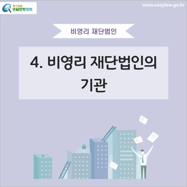 비영리 재단법인
4. 비영리 재단법인의 기관
www.easylaw.go.kr 찾기쉬운 생활법령정보 로고