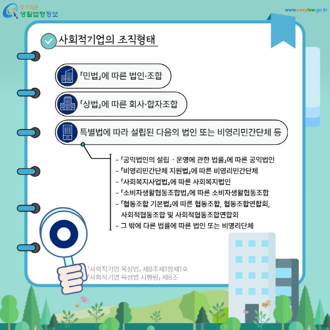 사회적기업의 조직형태: 「민법」에 따른 법인·조합, 「상법」에 따른 회사·합자조합, 특별법에 따라 설립된 다음의 법인 또는 비영리민간단체 등 -「공익법인의 설립ㆍ운영에 관한 법률」에 따른 공익법인, -「비영리민간단체 지원법」에 따른 비영리민간단체, -「사회복지사업법」에 따른 사회복지법인, -「소비자생활협동조합법」에 따른 소비자생활협동조합, -「협동조합 기본법」에 따른 협동조합, 협동조합연합회, 사회적협동조합 및 사회적협동조합연합회, -그 밖에 다른 법률에 따른 법인 또는 비영리단체