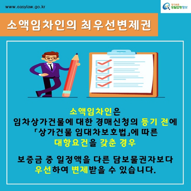 찾기쉬운생활법령정보www.easylaw.go.kr소액임차인의 최우선변제권소액임차인은 임차상가건물에 대한 경매신청의 등기 전에 「상가건물 임대차보호법」에 따른 대항요건을 갖춘 경우보증금 중 일정액을 다른 담보물권자보다우선하여 변제받을 수 있습니다.