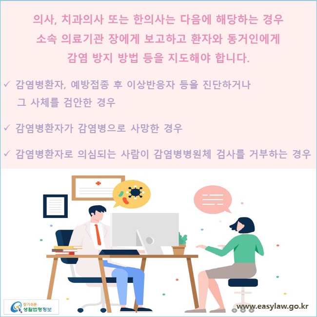 의사, 치과의사 또는 한의사는 다음에 해당하는 경우 소속 의료기관 장에게 보고하고 환자와 동거인에게 감염 방지 방법 등을 지도해야 합니다.
√ 감염병환자, 예방접종 후 이상반응자 등을 진단하거나 그 사체를 검안한 경우
√ 감염병환자가 감염병으로 사망한 경우
√ 감염병환자로 의심되는 사람이 감염병병원체 검사를 거부하는 경우