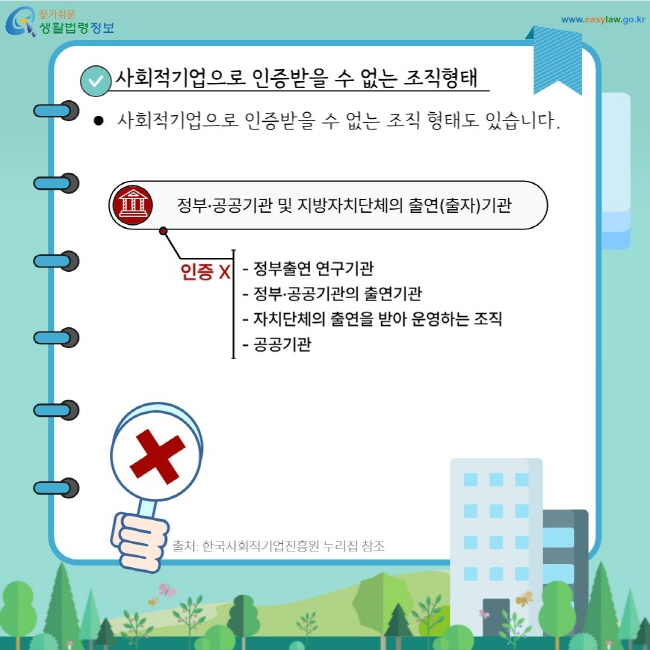 사회적기업으로 인증받을 수 없는 조직형태: 사회적기업으로 인증받을 수 없는 조직 형태도 있습니다. 정부·공공기관 및 지방자치단체의 출연(출자)기관. 인증X -정부출연 연구기관, -정부·공공기관의 출연기관, -자치단체의 출연을 받아 운영하는 조직, -공공기관