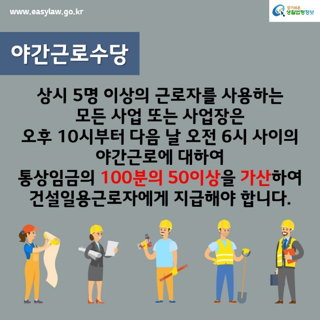 www.easylaw.go.kr찾기쉬운생활법령정보야간근로수당상시 5명 이상의 근로자를 사용하는 모든 사업 또는 사업장은 오후 10시부터 다음 날 오전 6시 사이의 야간근로에 대하여 통상임금의 100분의 50이상을 가산하여건설일용근로자에게 지급해야 합니다.