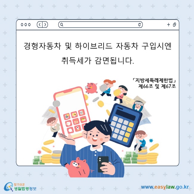 경형자동차 및 하이브리드 자동차 구입시엔 취득세가 감면됩니다. 「지방세특례제한법」 제66조 및 제67조 