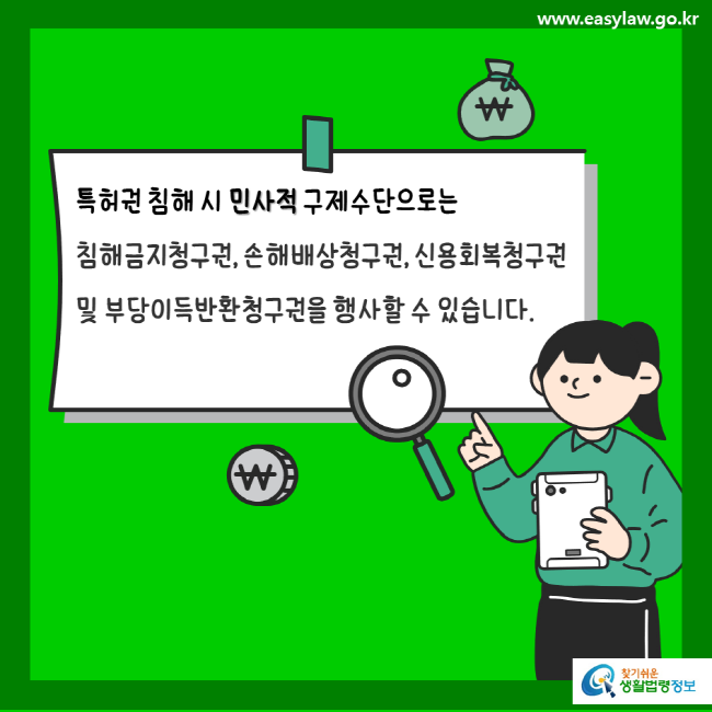 www.easylaw.go.kr 특허권 침해 시 민사적 구제수단으로는 침해금지청구권, 손해배상청구권, 신용회복청구권 및 부당이득반환청구권을 행사할 수 있습니다.