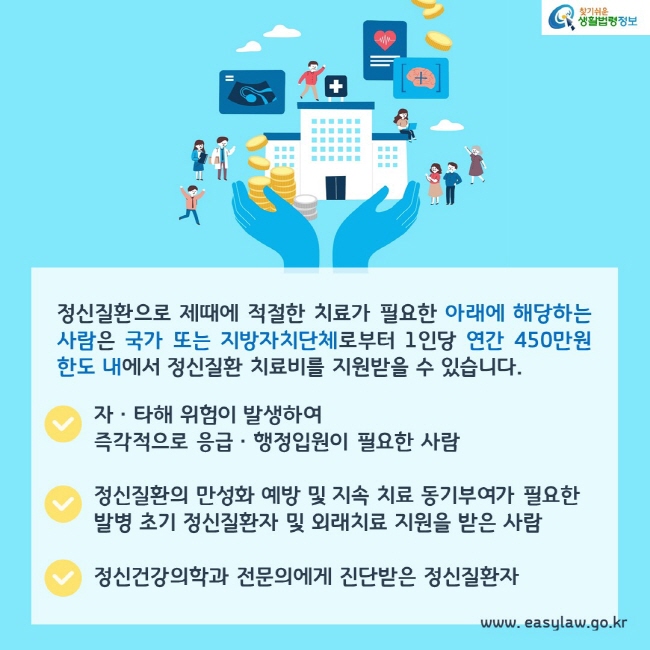 정신질환으로 제때에 적절한 치료가 필요한 아래에 해당하는 사람은 국가 또는 지방자치단체로부터 1인당 연간 450만원 한도 내에서 정신질환 치료비를 지원받을 수 있습니다.1. 자ㆍ타해 위험이 발생하여 즉각적으로 응급ㆍ행정입원이 필요한 사람2. 정신질환의 만성화 예방 및 지속 치료 동기부여가 필요한 발병 초기 정신질환자 및 외래치료 지원을 받은 사람3. 정신건강의학과 전문의에게 진단받은 정신질환자