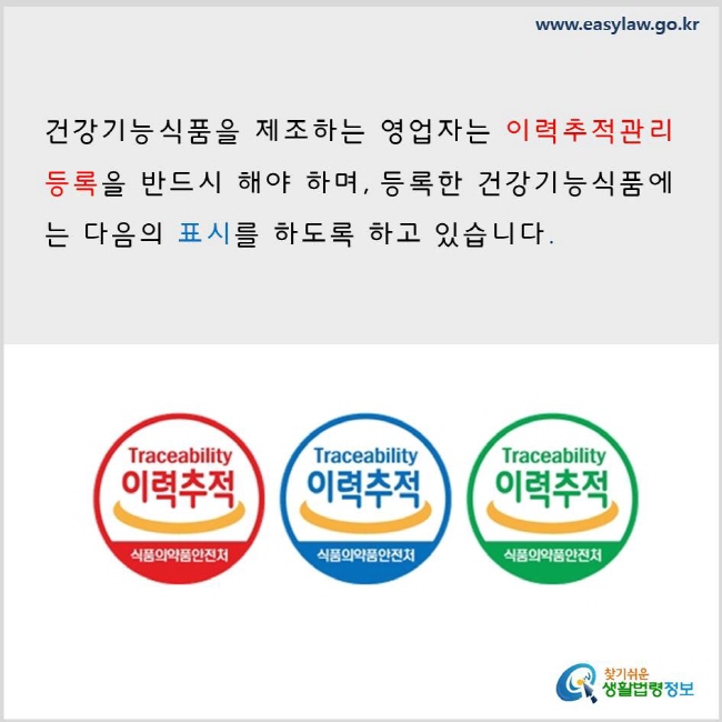 건강기능식품을 제조하는 영업자는 이력추적관리 등록을 반드시 해야 하며, 등록한 건강기능식품에는 다음의 표시를 하도록 하고 있습니다. www.easylaw.go.kr 찾기 쉬운 생활법령정보 로고