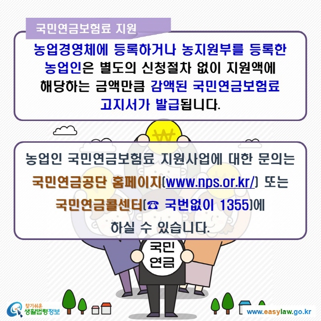 국민연금보험료 지원 농업경영체에 등록하거나 농지원부를 등록한 농업인은 별도의 신청절차 없이 지원액에 해당하는 금액만큼 감액된 국민연금보험료 고지서가 발급됩니다. 농업인 국민연금보험료 지원사업에 대한 문의는 국민연금공단 홈페이지(www.nps.or.kr/) 또는 국민연금콜센터(☎ 국번없이 1355)에 하실 수 있습니다.