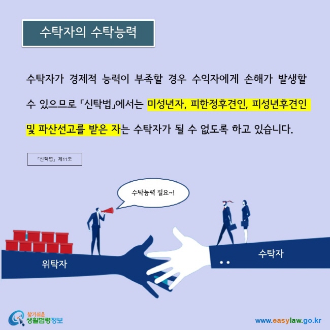 수탁자가 경제적 능력이 부족할 경우 수익자에게 손해가 발생할 수 있으므로 「신탁법」에서는 미성년자, 피한정후견인, 피성년후견인 및 파산선고를 받은 자는 수탁자가 될 수 없도록 하고 있습니다. 