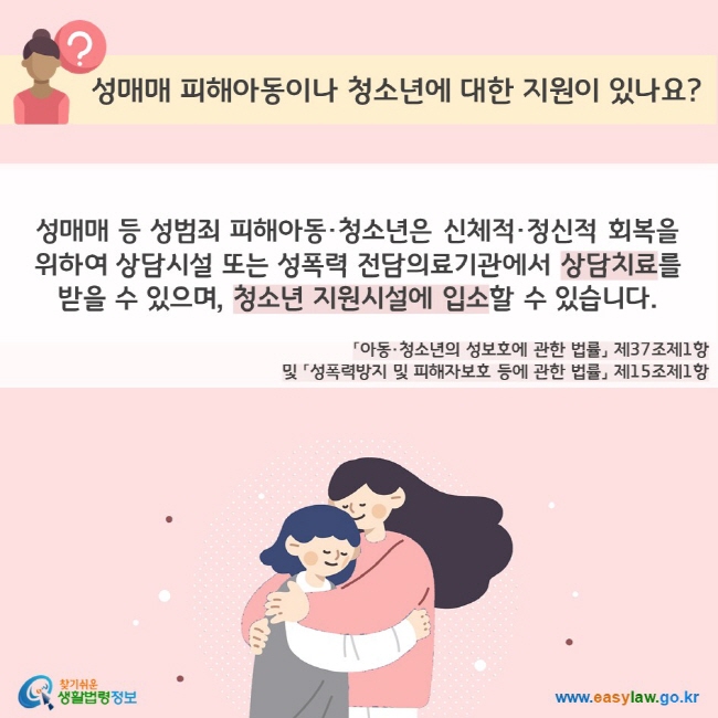 성매매 피해아동이나 청소년에 대한 지원이 있나요? 성매매 등 성범죄 피해아동·청소년은 신체적·정신적 회복을  위하여 상담시설 또는 성폭력 전담의료기관에서 상담치료를 받을 수 있으며, 청소년 지원시설에 입소할 수 있습니다(「아동·청소년의 성보호에 관한 법률」 제37조제1항 및 「성폭력방지 및 피해자보호 등에 관한 법률」 제15조제1항). 찾기쉬운 생활법령정보(www.easylaw.go.kr)