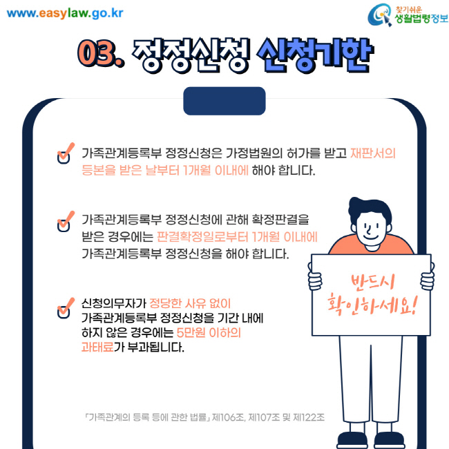 03. 정정신청 신청기한 가족관계등록부 정정신청은 가정법원의 허가를 받고 재판서의 등본을 받은 날부터 1개월 이내에 해야 합니다. 가족관계등록부 정정신청에 관해 확정판결을 받은 경우에는 판결확정일로부터 1개월 이내에 가족관계등록부 정정신청을 해야 합니다. 신청의무자가 정당한 사유 없이 가족관계등록부 정정신청을 기간 내에 하지 않은 경우에는 5만원 이하의 과태료가 부과됩니다. 가족관계의 등록 등에 관한 법률 제106조, 제107조 및 제122조. 반드시 확인하세요!