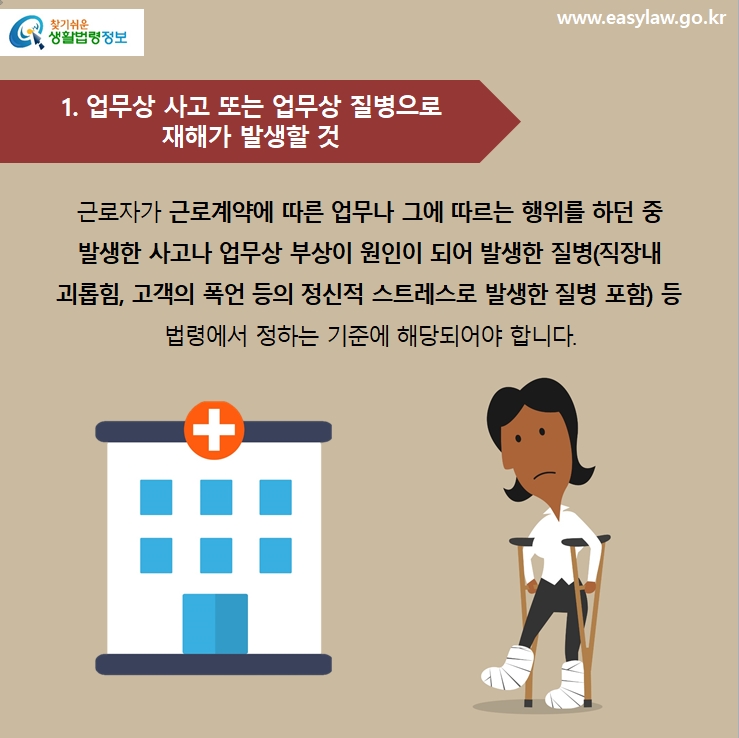 2. 업무상 사고 또는 업무상 질병으로 재해가 발생할 것
근로자가 근로계약에 따른 업무나 그에 따르는 행위를 하던 중 발생한 사고나 업무상 부상이 원인이 되어 발생한 질병(직장내괴롭힘, 고객의 폭언 등의 정신적 스트레스로 발생한 질병 포함) 등 법령에서 정하는 기준에 해당되어야 합니다.
